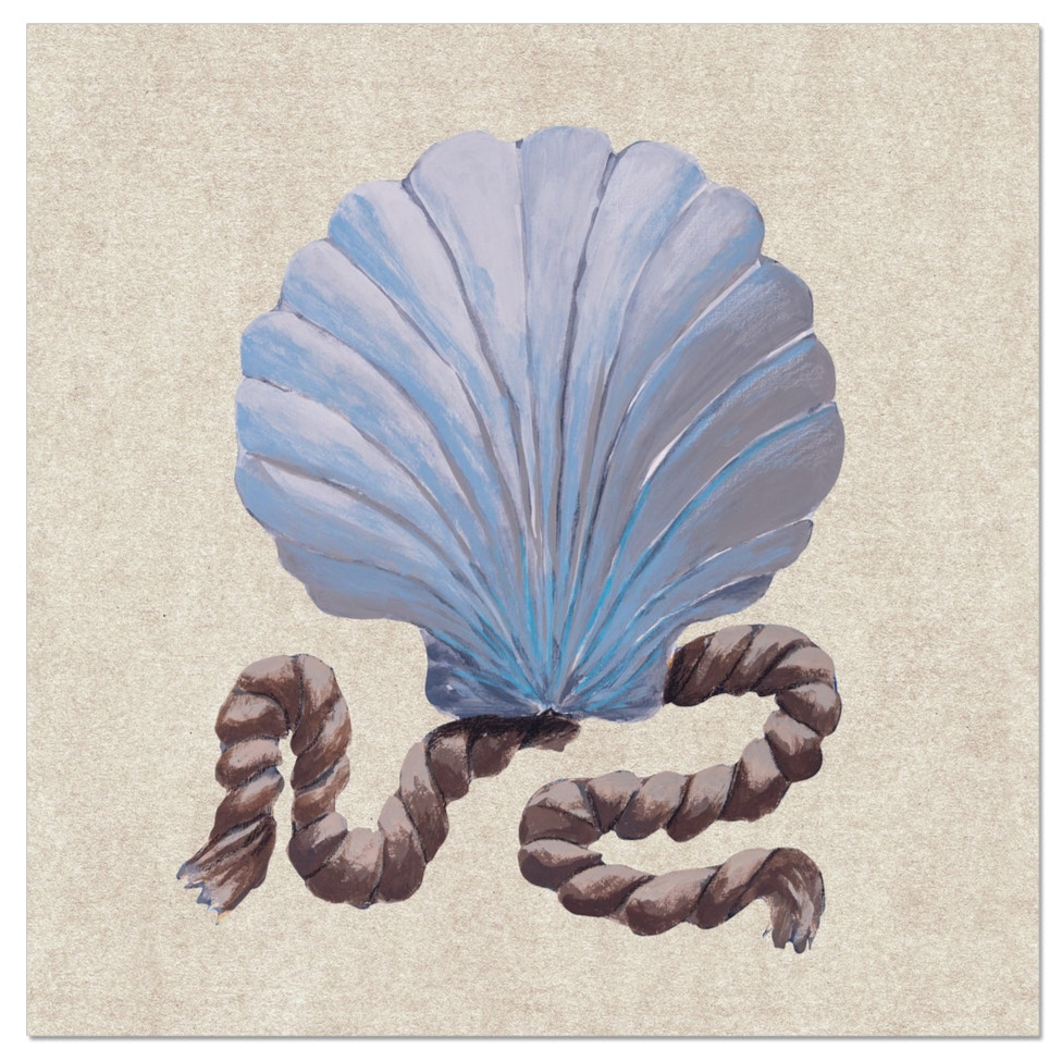 Blue shell art print with rope on a beige background