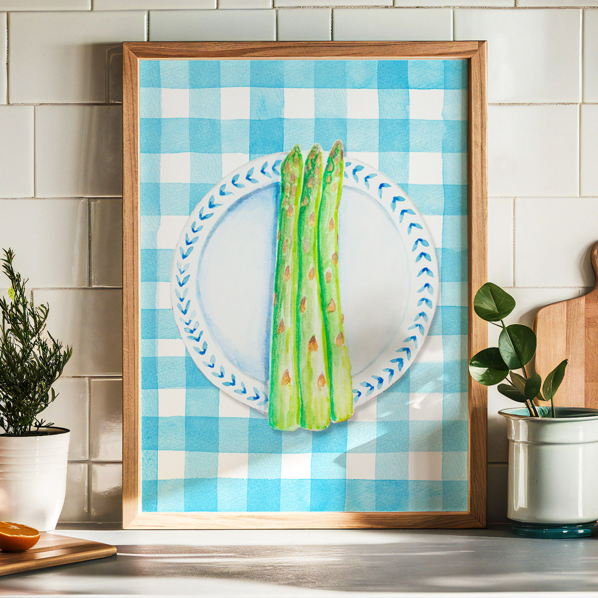 Asparagus Painting on Blue Gingham | Kitchen Wall Art - Unframed