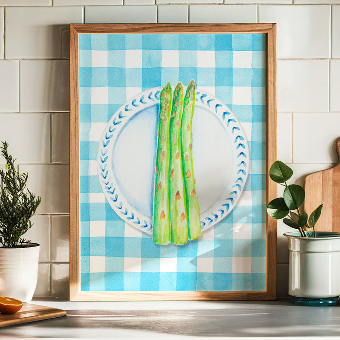 Asparagus Painting on Blue Gingham | Kitchen Wall Art - Unframed