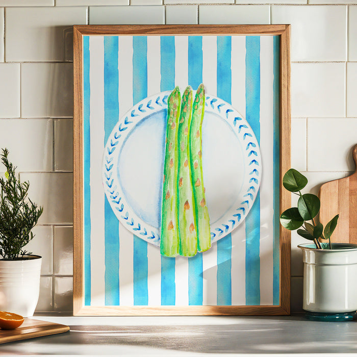Asparagus Painting on Blue Stripe | Kitchen Wall Art - Unframed
