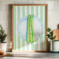Asparagus Painting on Green Stripe | Kitchen Wall Art - Unframed