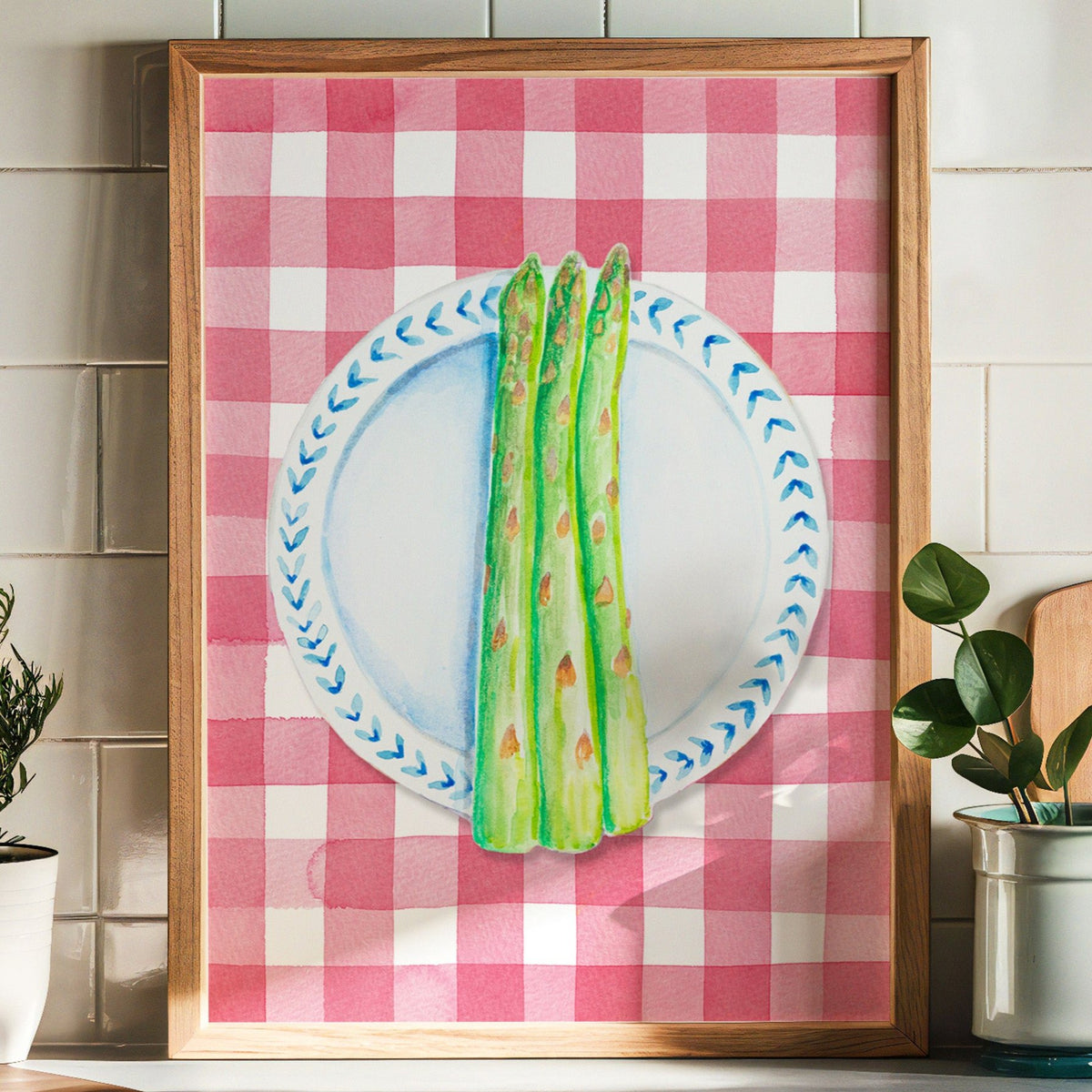 Asparagus Painting on Red Gingham | Kitchen Wall Art- Unframed