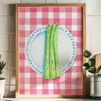 Asparagus Painting on Red Gingham | Kitchen Wall Art- Unframed