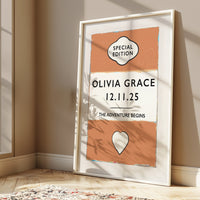 Framed personalised baby name print poster with personalised text on a wall