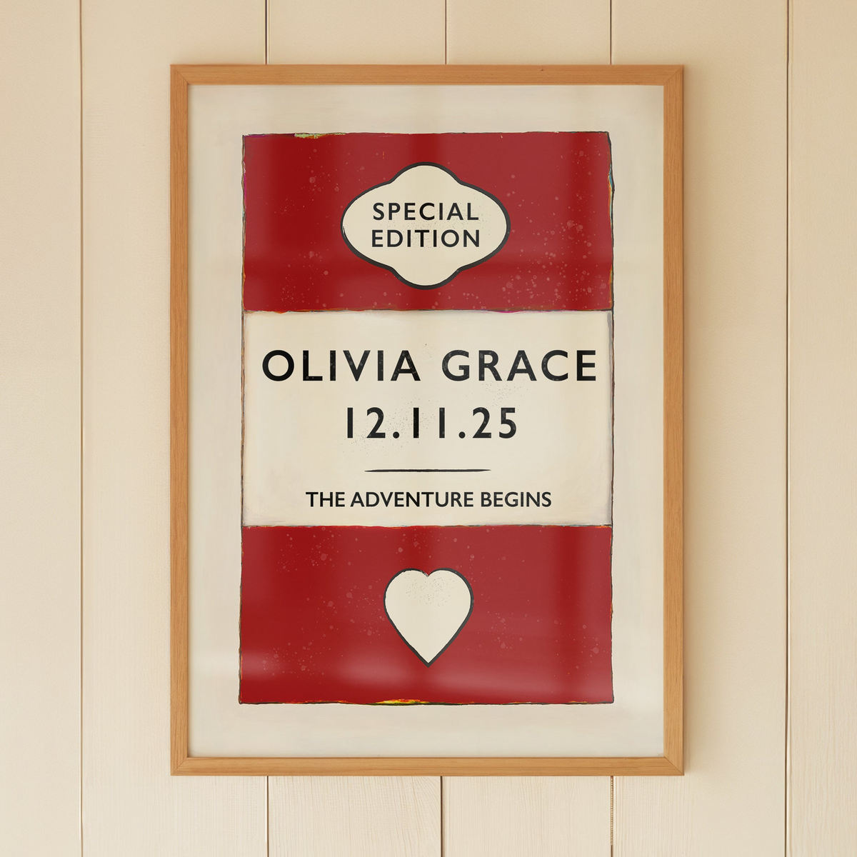 Custom baby name print - newborn baby gift - Framed print with personalised text on a beige wall