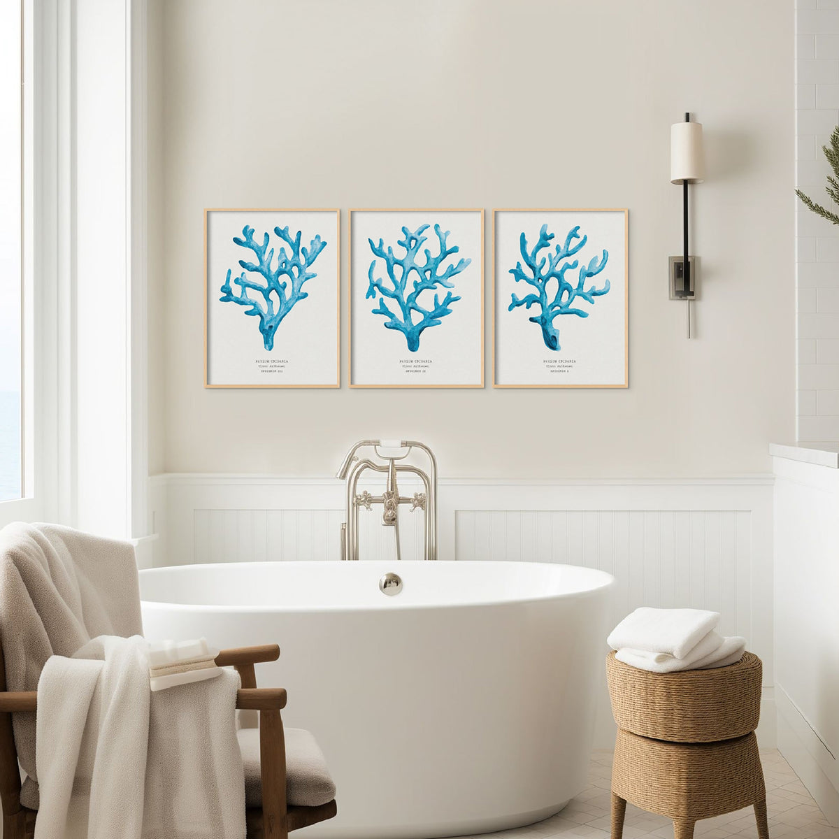set of three coral art prints in bathroom above roll top bath