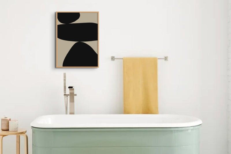 Calming scandi bathroom art print above freestanding bath - framed scandi bathroom wall art