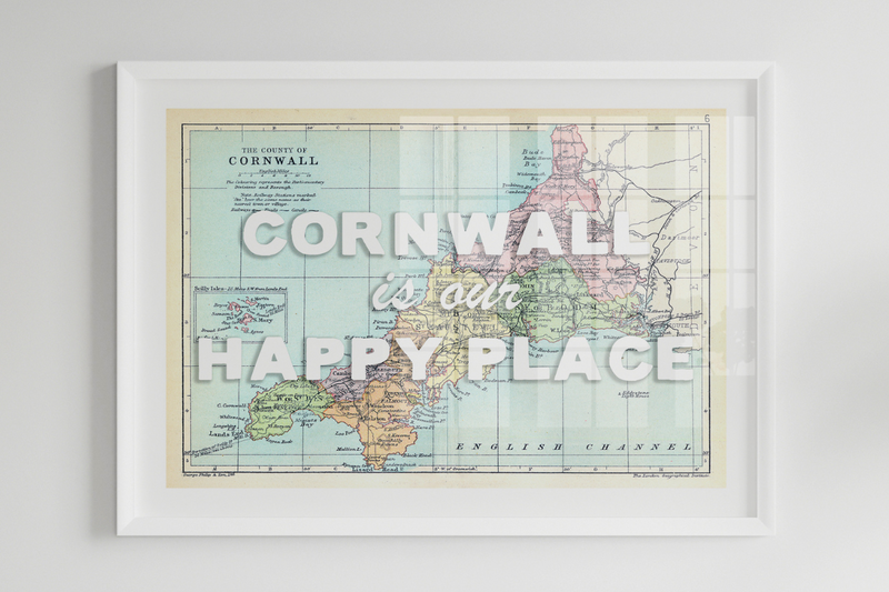 Map Art Prints Link. Cornwall map print with white frame - vintage map print