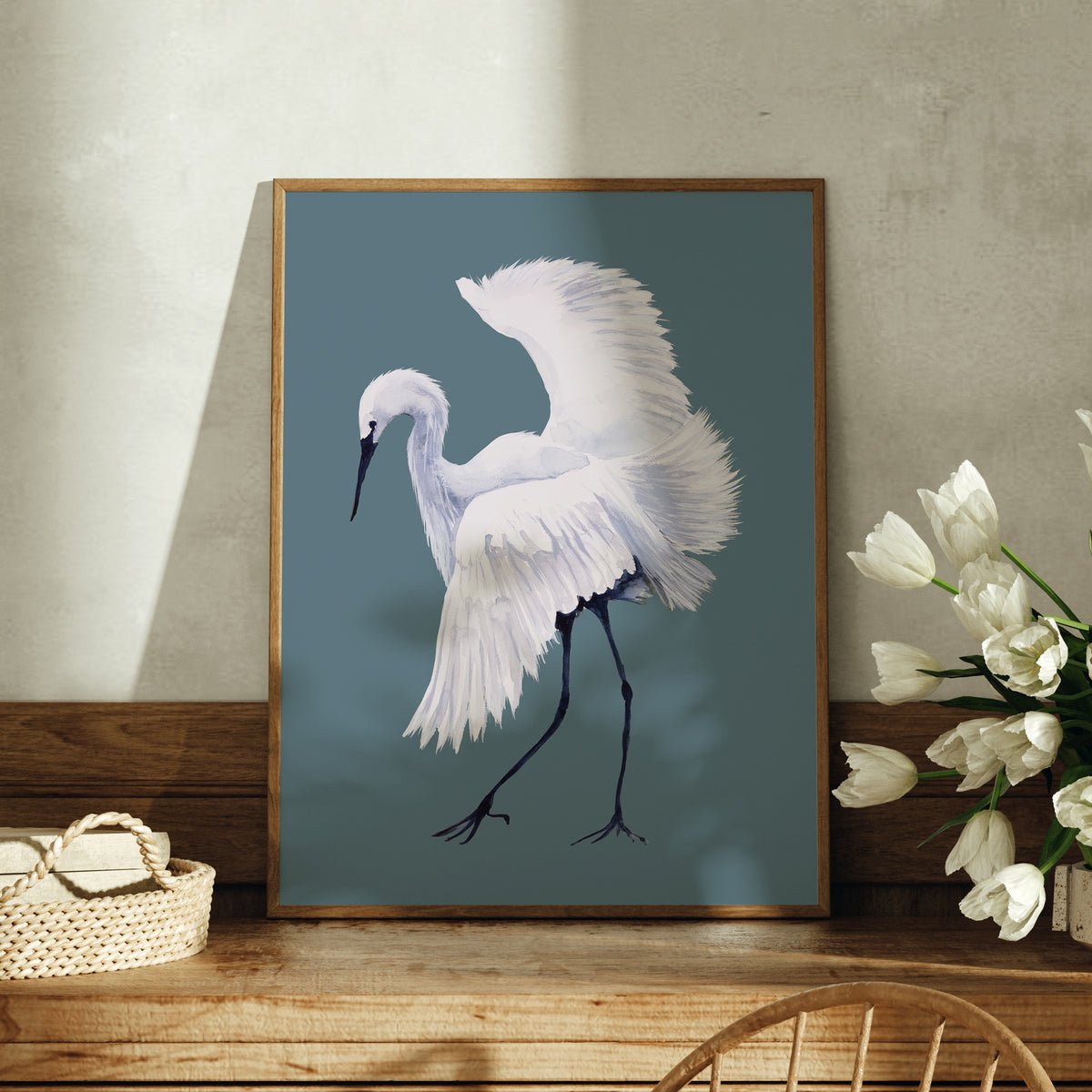Set of Three White Egret Prints | Stone Blue | Watercolour Bird Paintings - Unframed