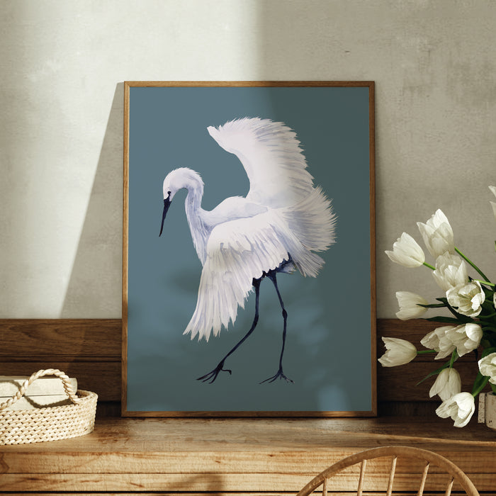 White Egret Dancing | Stone Blue | Bird Art Print - Unframed