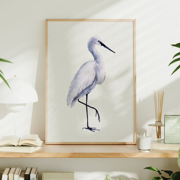 Framed artwork of a bird on a shelf with decor items