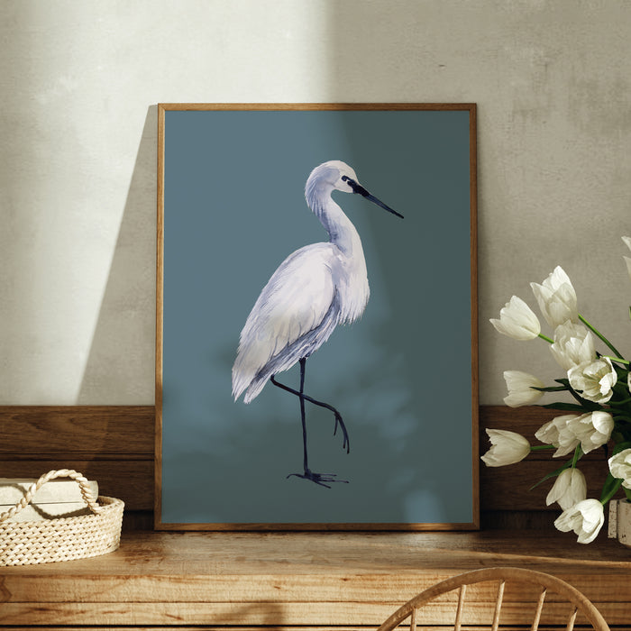 White Egret Walking | Stone Blue | Bird Art Print - Unframed