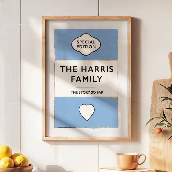 Personalised family name print -Framed print titled 'The Harris Family' on a kitchen counter with a bowl of lemons and a vase.