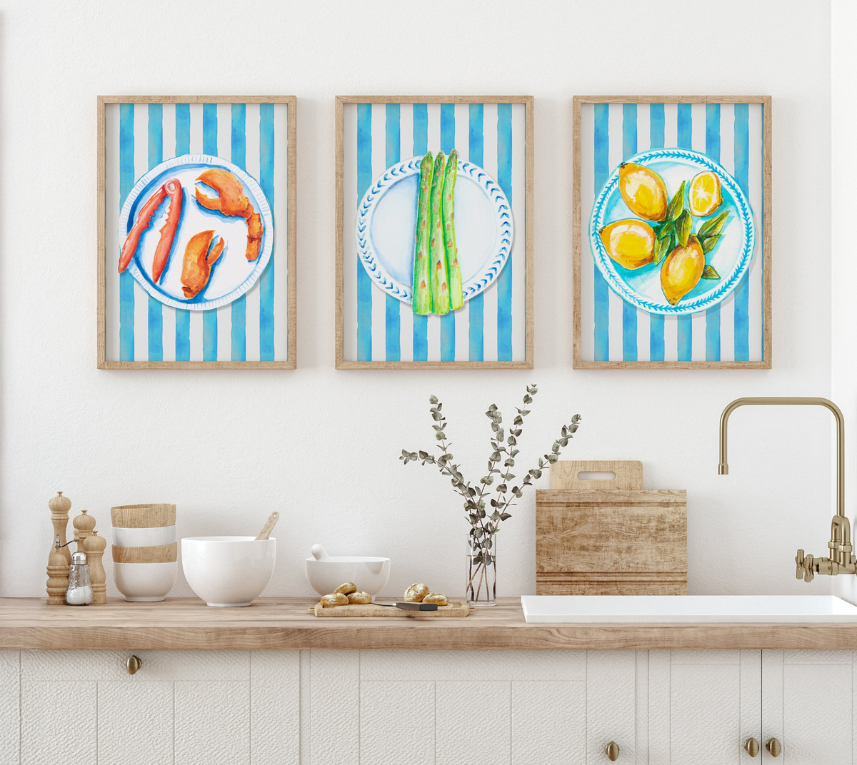 set of three kitchen art prints in modern country - set of kitchen wall art of food on plates with blue striped background
