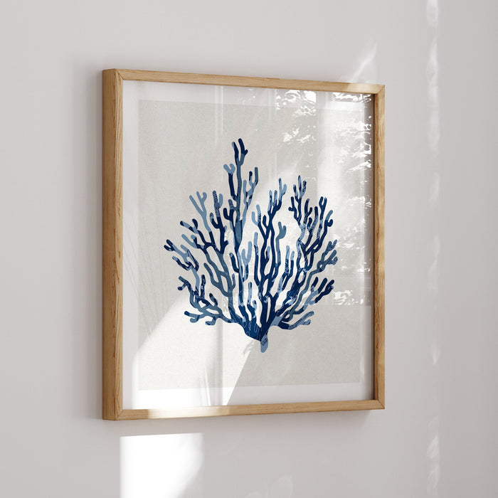 indigo coral art print framed in natural frame