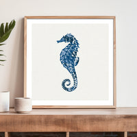 Indigo Seahorse Print | Seahorse Wall Art - Unframed