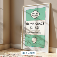 Personalised baby name print - Framed poster with 'Olivia Grace' and date on a wall