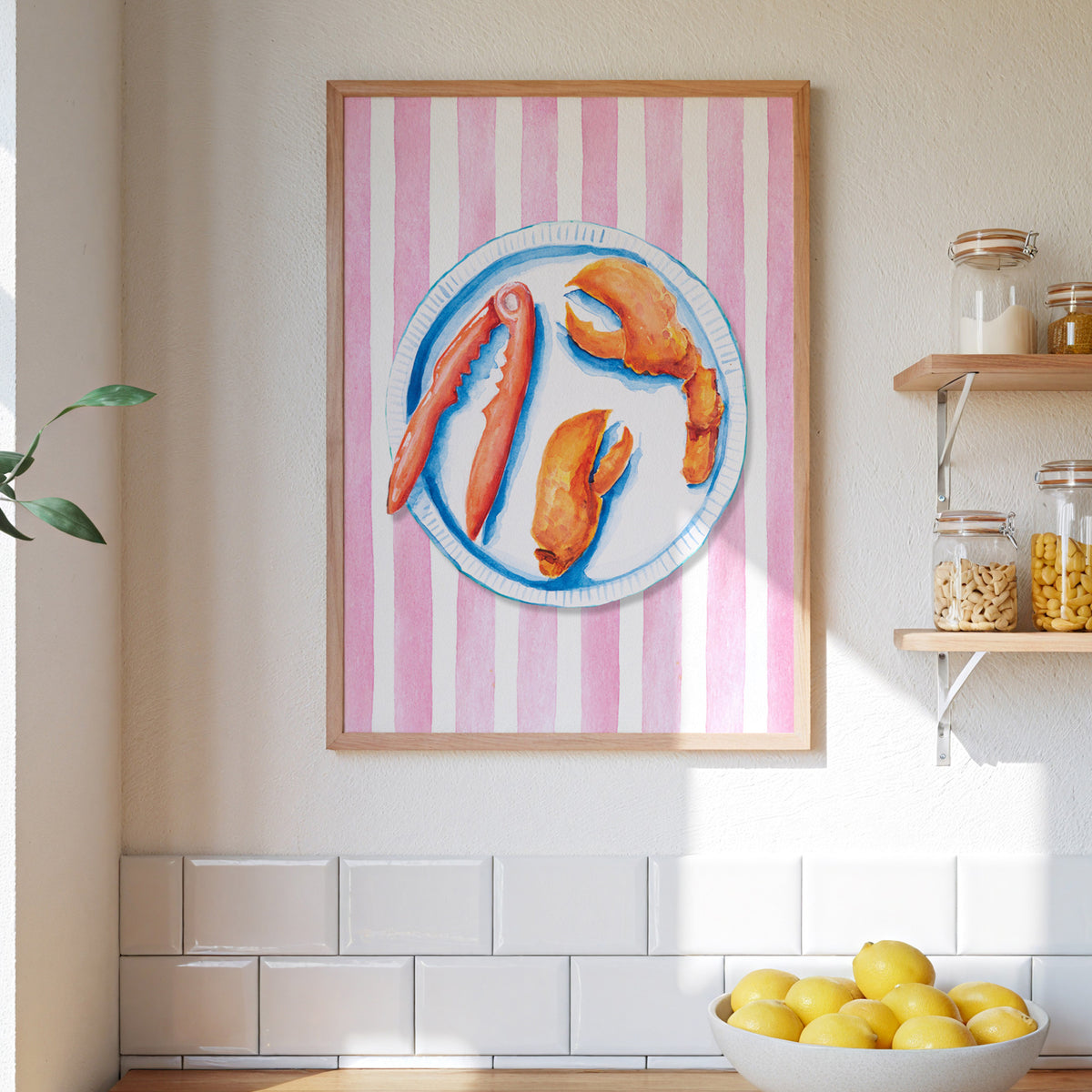 Lobster Painting on Red Pink Stripe | Kitchen Wall Art - Unframed