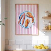 Lobster Painting on Red Pink Stripe | Kitchen Wall Art - Unframed