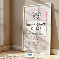 Personalised baby name print - Framed poster with 'Olivia Grace' and a date on a light background