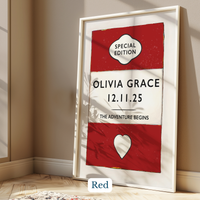 Personalised baby name print - Framed red and white banner with 'Olivia Grace' and date on a beige wall.