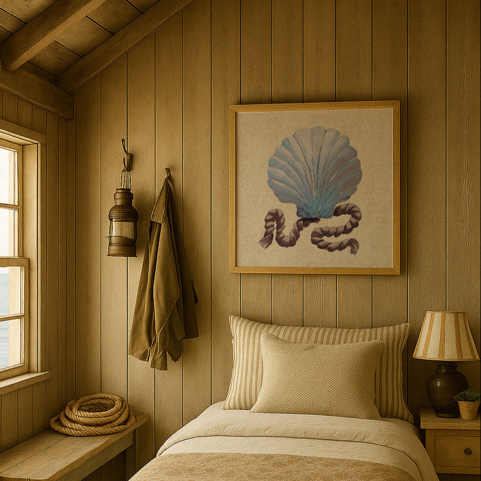 Cosy bedroom with shell art print on the wall, wooden walls, bed, and decorative elements.
