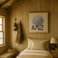 Cosy bedroom with shell art print on the wall, wooden walls, bed, and decorative elements.
