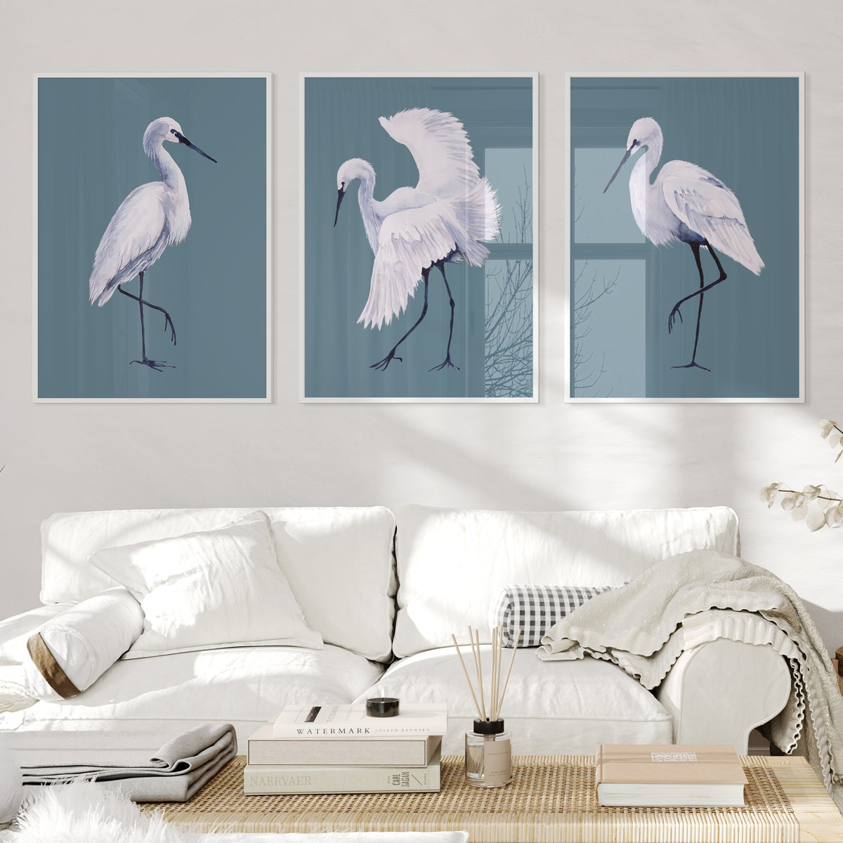Set of Three White Egret Prints | Stone Blue | Watercolour Bird Paintings - Unframed