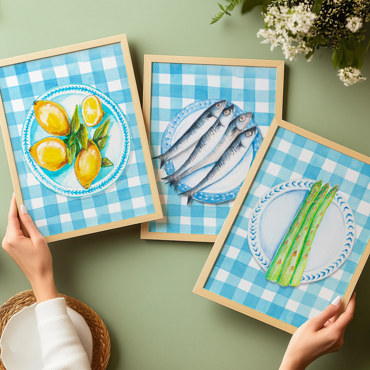 Lemon Painting on Blue Gingham | Kitchen Wall Art - Unframed