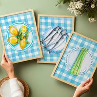 Lemon Painting on Blue Gingham | Kitchen Wall Art - Unframed