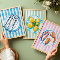 Lemon Painting on Green Stripe | Kitchen Wall Art - Unframed