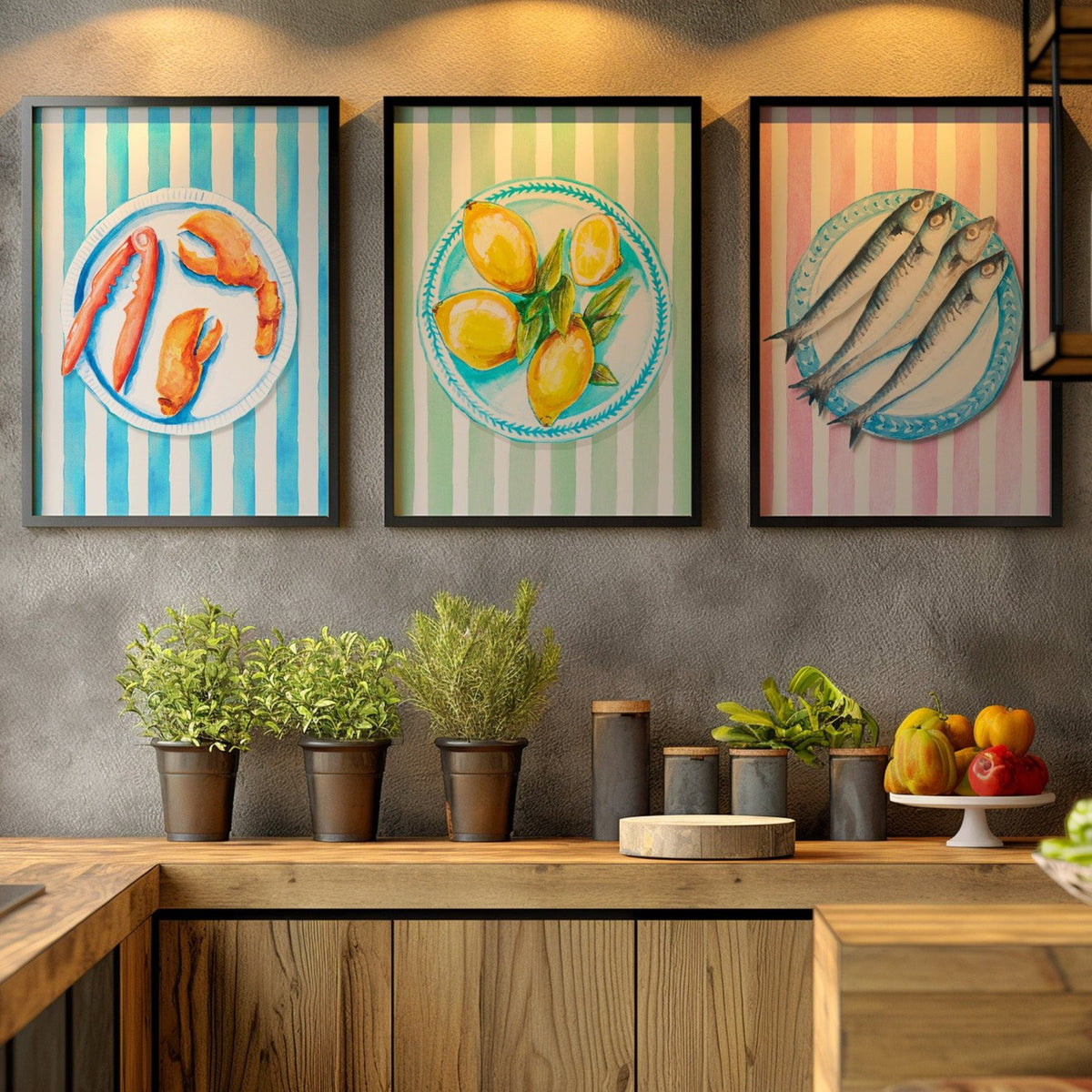 Lemon Painting on Green Stripe | Kitchen Wall Art - Unframed