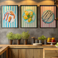 Lemon Painting on Green Stripe | Kitchen Wall Art - Unframed