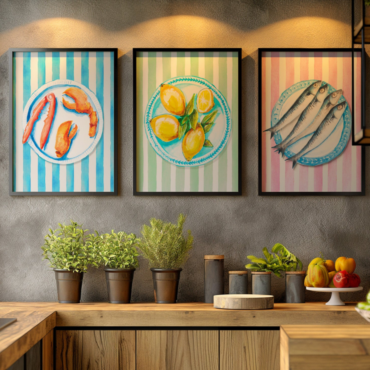 Lobster Painting on Blue Stripe | Kitchen Wall Art - Unframed