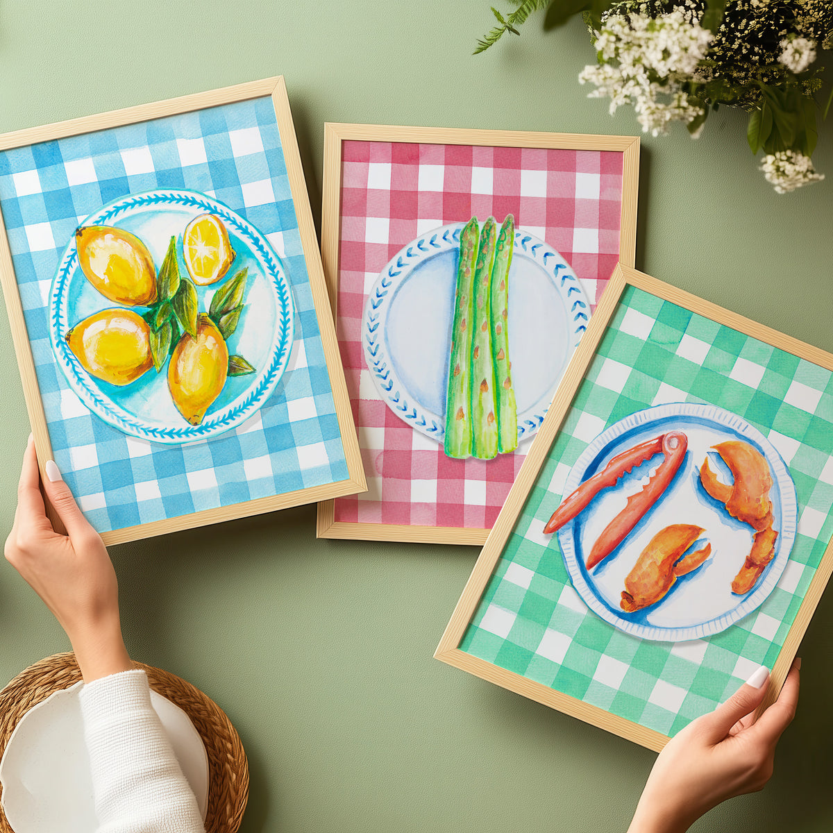 Lobster Painting on Green Gingham | Kitchen Wall Art - Unframed