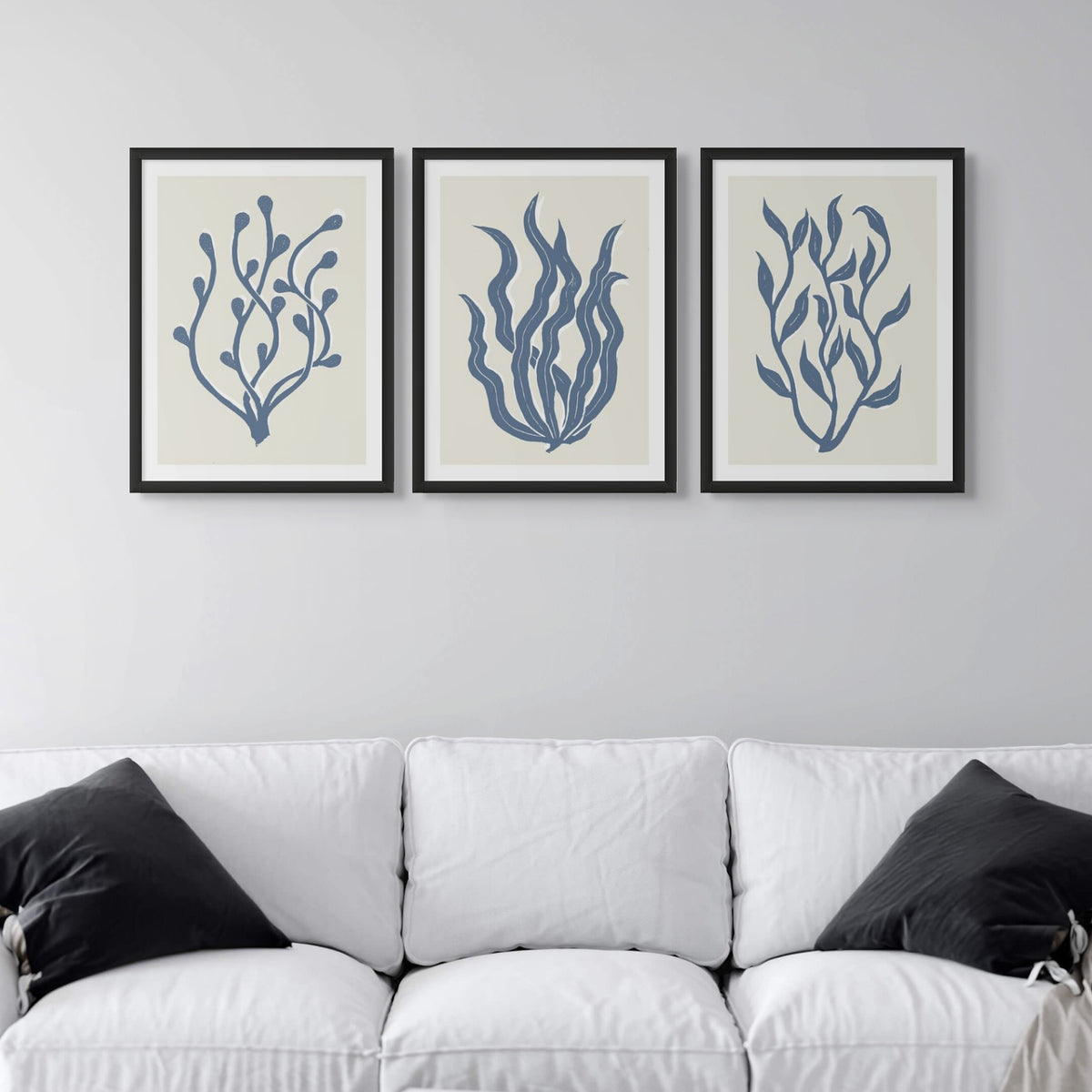 Abstract Indigo Seaweed Art Print No 2 | Coastal Graphic Wall Decor | Handcrafted Lino Cut Design - Unframed