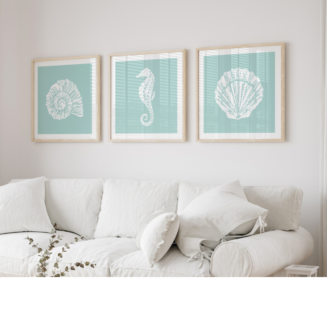 set of three shell prints - coastal art prints - shell print, coral print and seaorse print on aqua blue background