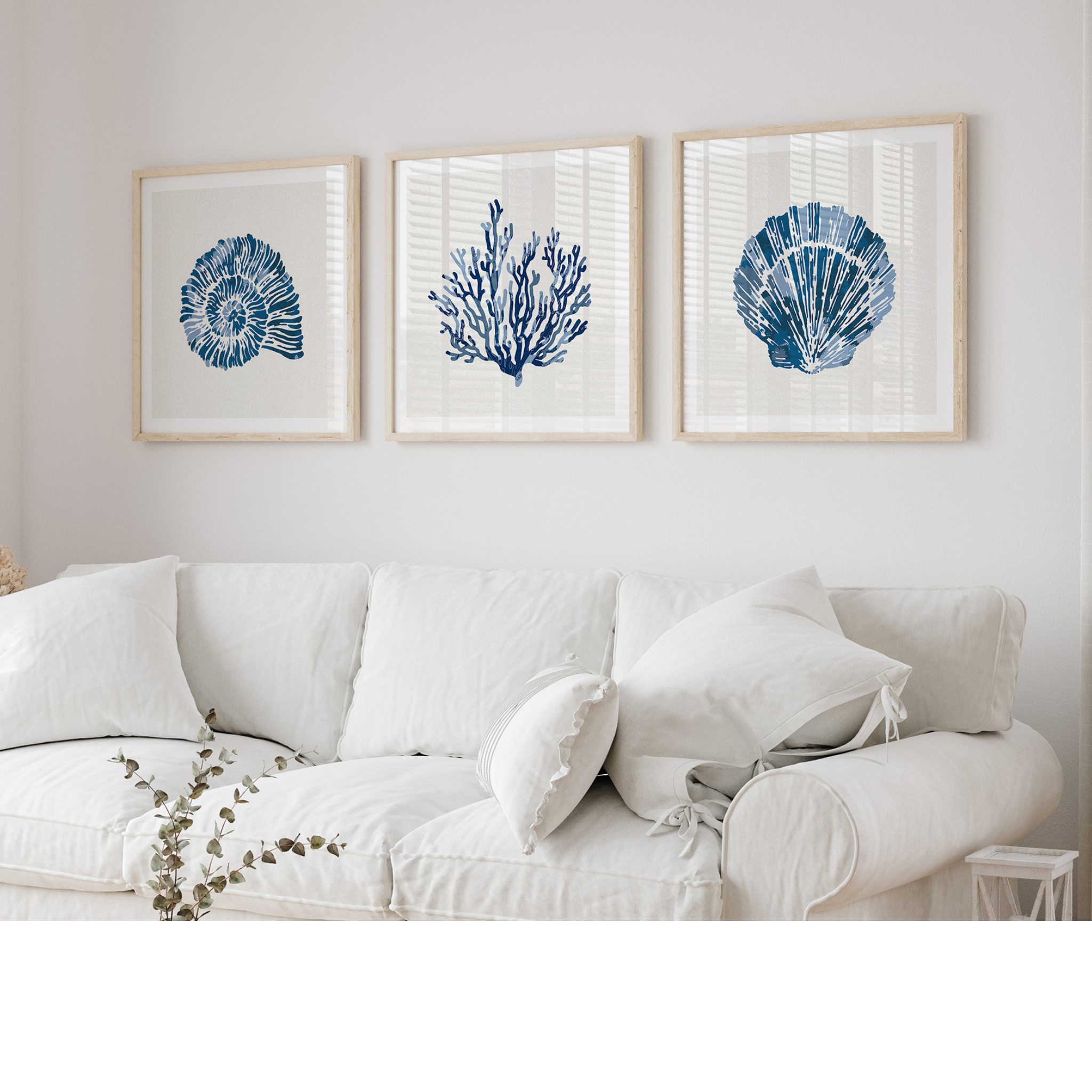 Set of Three Indigo Coral and Shells Art Prints - Unframed Beach House Art set of blue abstract line art prints
