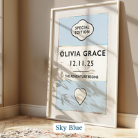 Personalised baby name print - Framed print with 'Special Edition' and 'Olivia Grace 12.11.25' text, displayed on a wall.
