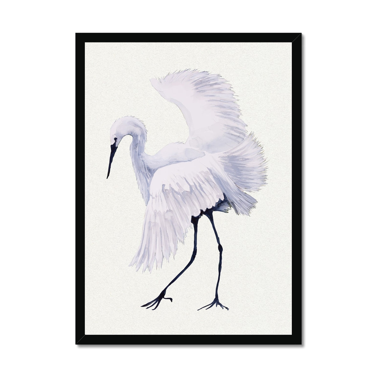 Framed artwork of a white egret with outstretched wings on a light background