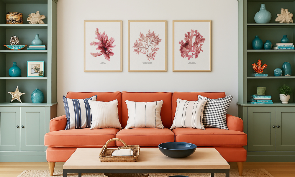 set of three seaweed prints framed in living room above sofa - coastal art prints in living room