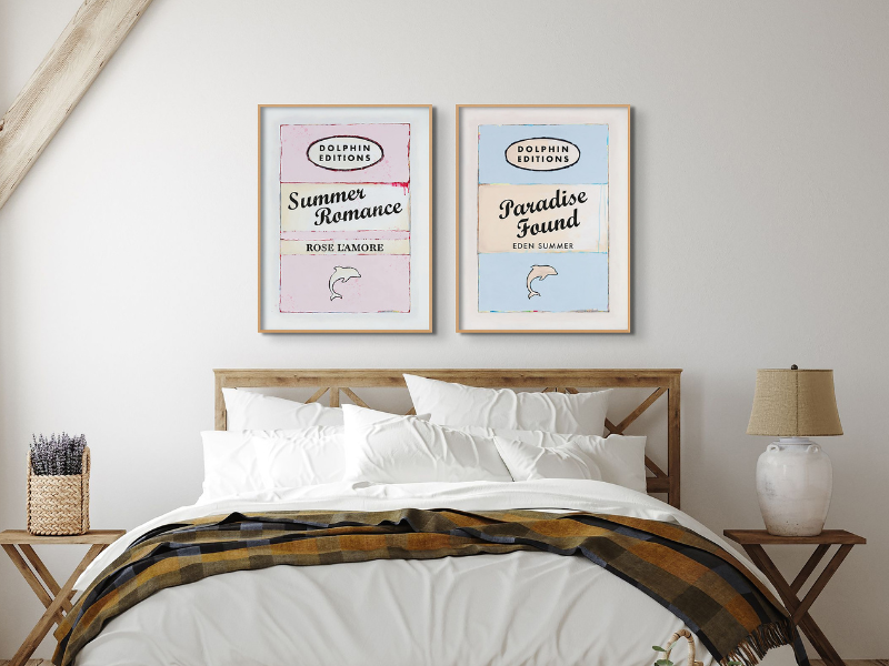 bedroom wall art - two framed book prints above bed - beach prints for bedroom