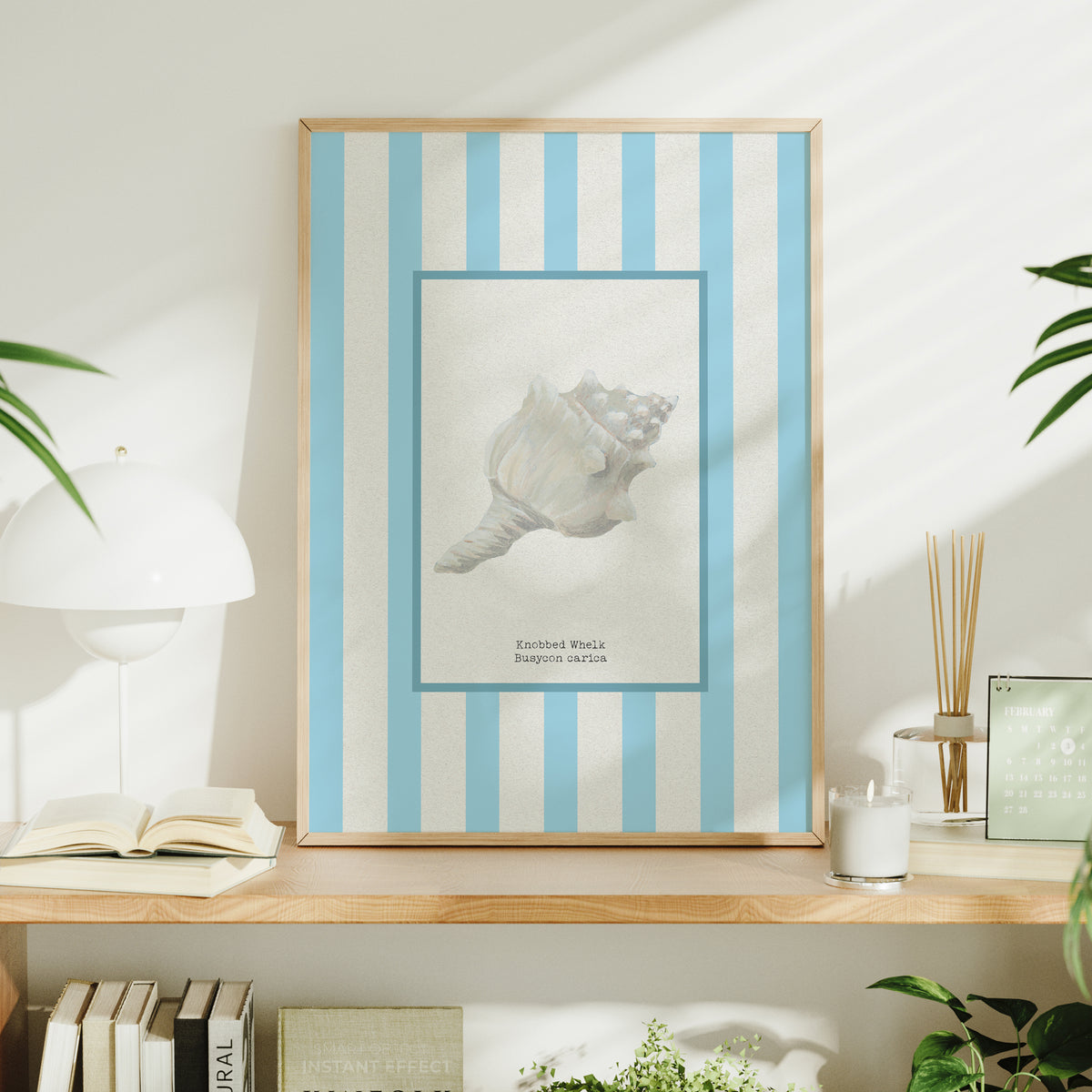 Hand-painted Whelk Shell Art Print | Aqua-blue Stripe Background - Unframed