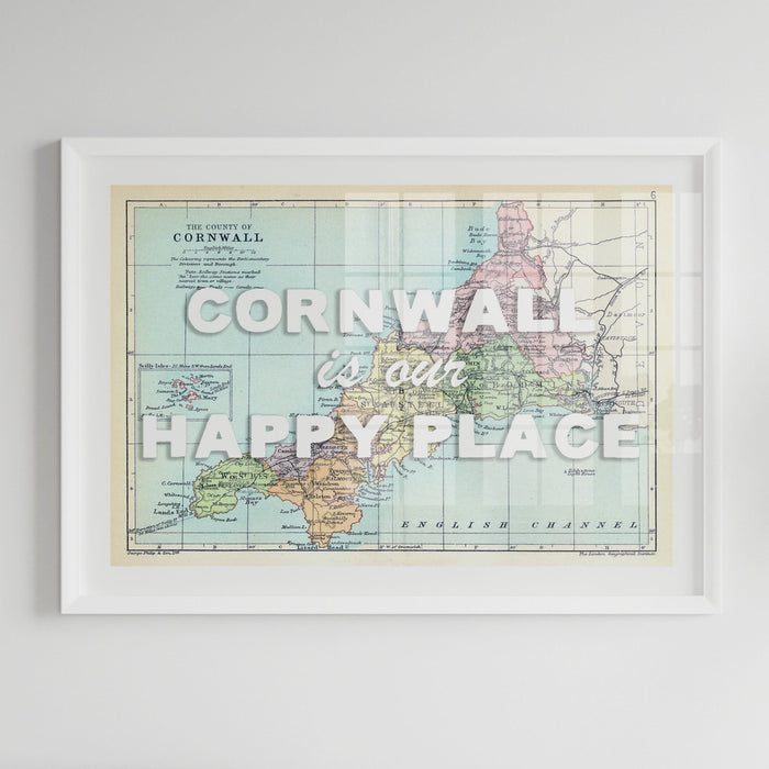 Cornwall is Our Happy Place Print with White Font | Cornwall Map Print- Framed