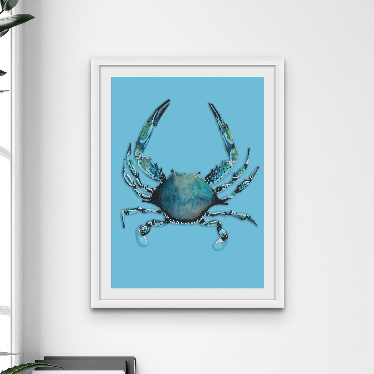 Crab Art Print |Colourful Kitchen Wall Art | Crab Painting on Blue - Framed