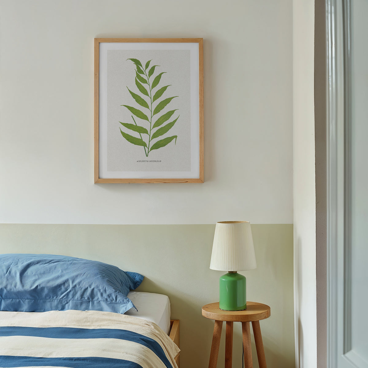 vintage fern print framed on wall above bed - vintage botanical fern art print