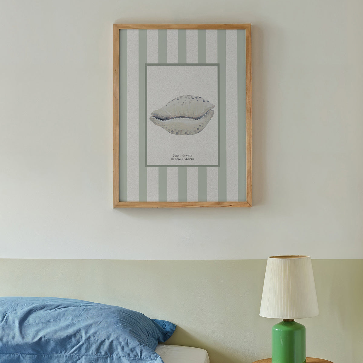 Hand-painted Cowrie Shell Art Print | Sea Moss Green Stripe Background - Unframed
