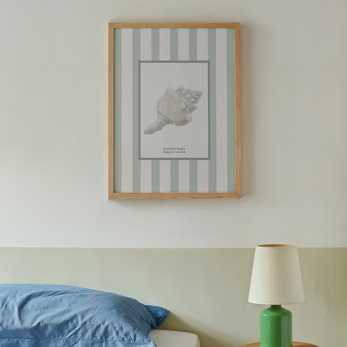 Hand-painted Whelk Shell Art Print | Sea Moss Green Stripe Background - Unframed