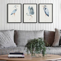 Set of Three Heron Prints - Unframed Set Beach House Art - Vintage bird paintings