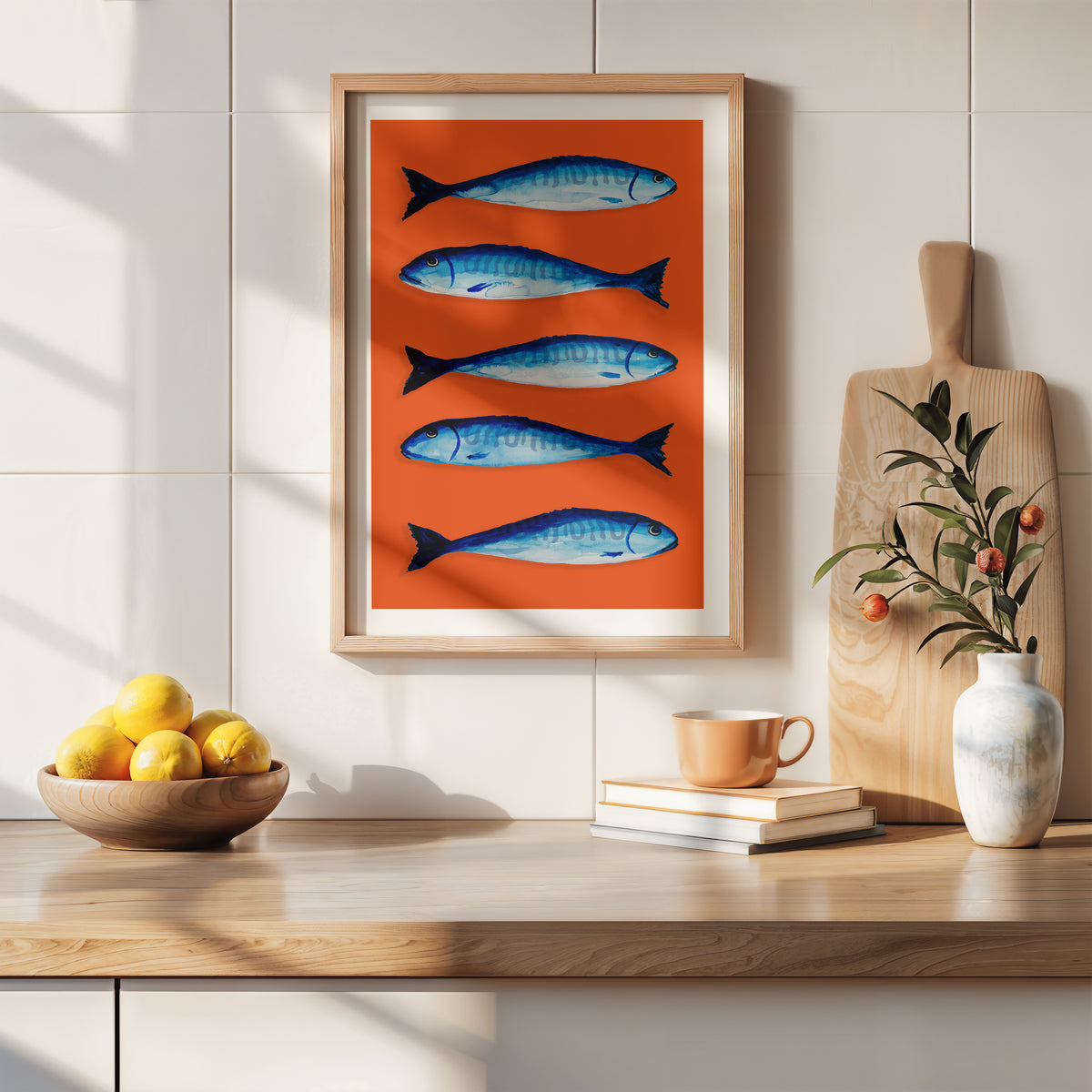 mackerel fish painting in kitchen - framed kitchen print in natural. wooden frame.